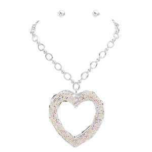 AB Rhodium Over Sized Stone Paved Open Heart Pendant Chunky Jewelry Set, This chunky set features an oversized stone-paved open heart pendant, adding a unique touch to any outfit. The chunky chain is both stylish and comfortable to wear, making this necklace a must-have for any fashion-forward individual. Elevate your look.