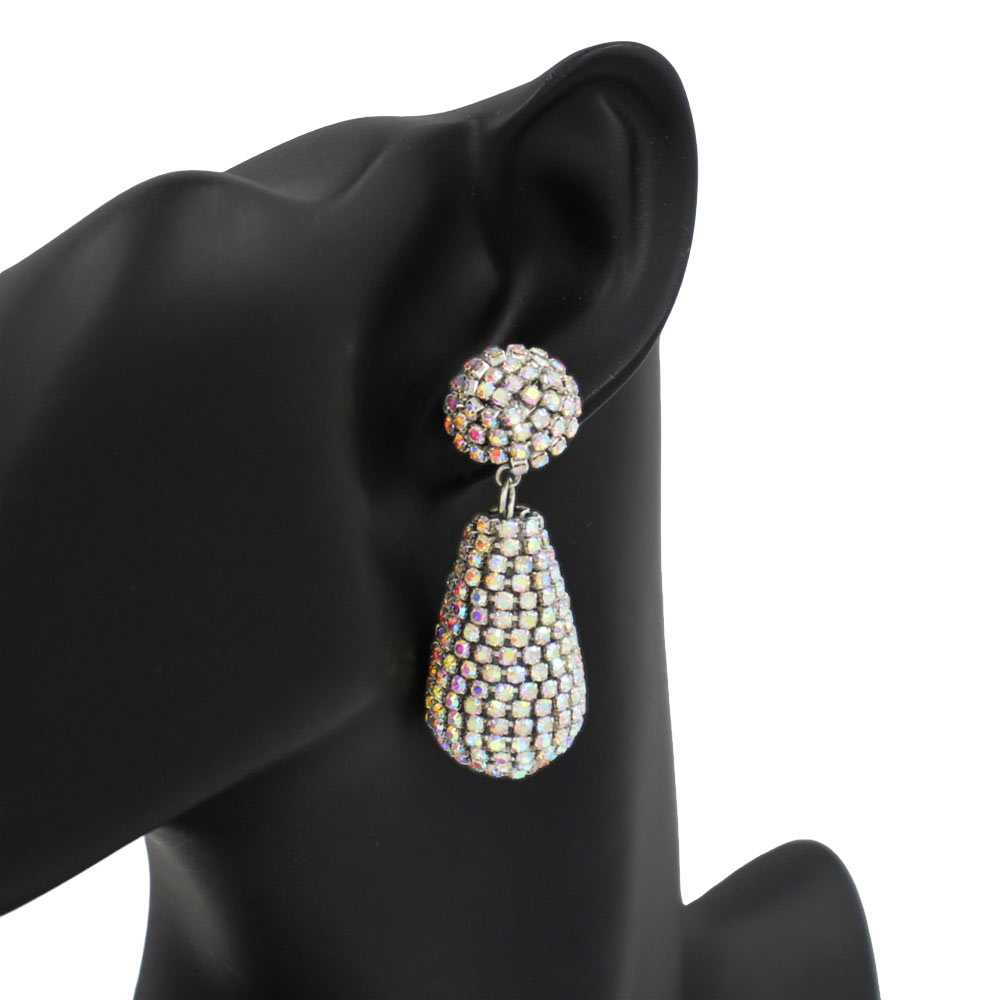 AB Rhodium Rhinestone Teardrop Dangle Evening Earrings, Elevate your evening look with these elegant earrings. Crafted with luxurious rhinestone crystals, these earrings will add a touch of sparkling glamour to your special occasion wardrobe. Perfect for any occasion or evening party, these earrings will complete any look.