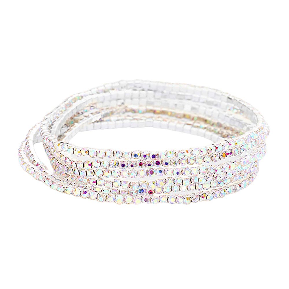 AB Silver 6PCS - Rhinestone Multi Layered Stretch Evening Bracelets, Perfect for a formal event or adding some glam to your everyday look. The sparkling rhinestones will catch the light and make you shine! Get ready to turn heads and feel confident with each wear. The ideal choice for making a lovely gift to your loved ones.
