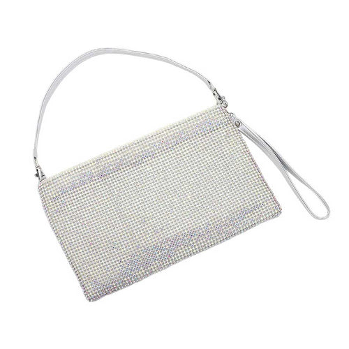 Bling Flat Clutch Crossbody Bag - AB Silver
