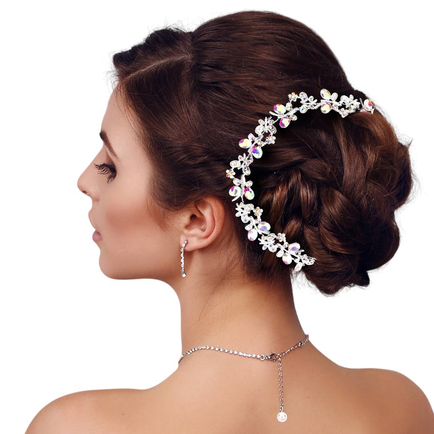 AB Silver Floral Oval Stone Accented Bun Wrap Headpiece, Elevate your special occasion or wedding hairstyle with this exquisite piece. With delicate floral motifs and shimmering oval stones, it's the perfect finishing touch for brides, or anyone looking to make a statement. Give the gift of timeless beauty with this headpiece.