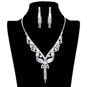 AB Silver Marquise Round Stone Butterfly Rhinestone Jewelry Set, is crafted using marquise stones and delicate rhinestones, perfect for adding some sparkle to your look. The set includes an adjustable necklace, earrings, and bracelet, making it a perfect accessory for any special occasion outfit. Perfect gift idea.