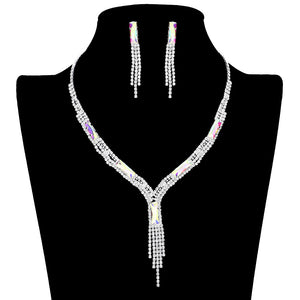 AB Silver Rectangle Stone Accented Rhinestone Fringe Tip Jewelry Set, perfect for adding a touch of elegance to any special occasion outfit. Featuring a beautiful rectangle stone accent, this necklace and earring set will be a unique addition to any jewelry collection. Perfect gift choice for loved ones on any special day.