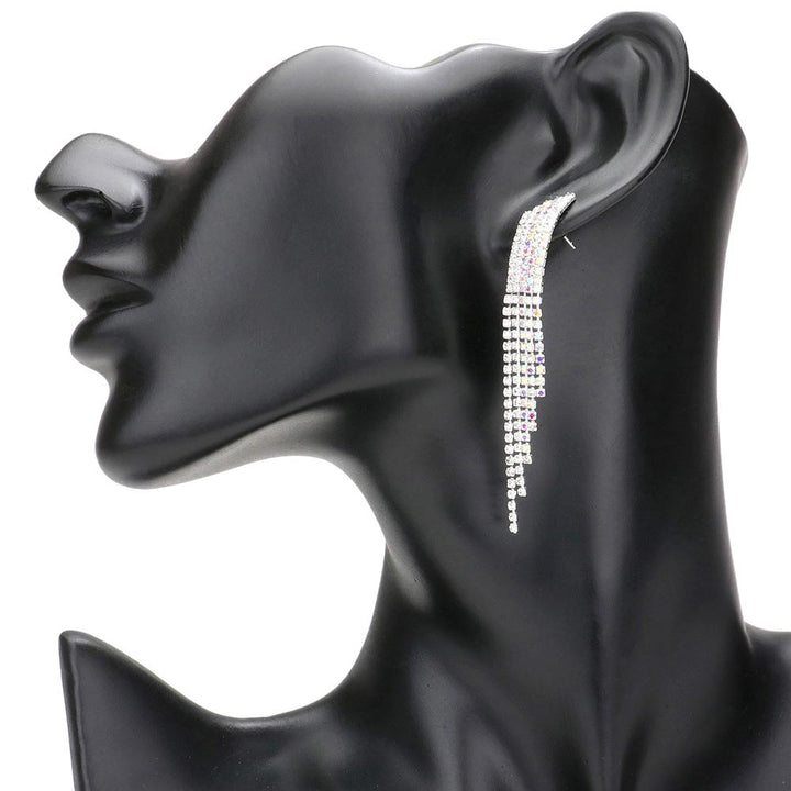 AB Silver Rhinestone Fringe Dangle Evening Earrings, Crafted with exceptional attention to detail, these earrings are perfect for any special occasion as like- wedding, birthday, anniversary, prom night, party, or to give as a gift. Featuring a luxurious rhinestone fringe, these earrings will take your look to the next level.