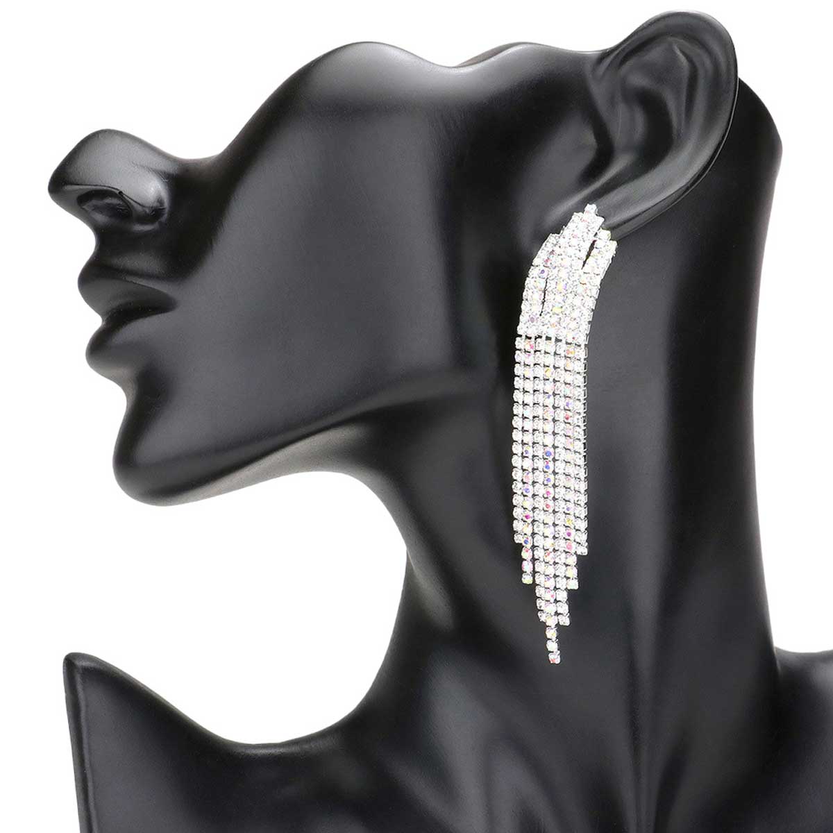Silver Rhinestone Fringe Dangle Evening Earrings, These gorgeous Rhinestone pieces will show your class on any occasion. Eye-catching sparkle, the sophisticated look you have been craving for! This Earrings sparkles all around with its surrounding Rhinestone. This Evening Earrings is easy to put on, and take off .