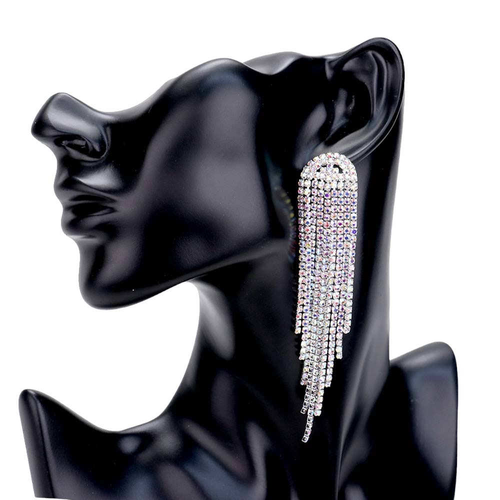 AB Silver Rhinestone Fringe Drop Evening Earrings, are the perfect way to elevate any evening look. Perfect for special occasions or nights out. These classy evening earrings are perfect for parties, weddings, and evenings. Awesome gift for birthdays, anniversaries, Valentine’s Day, or any special occasion.