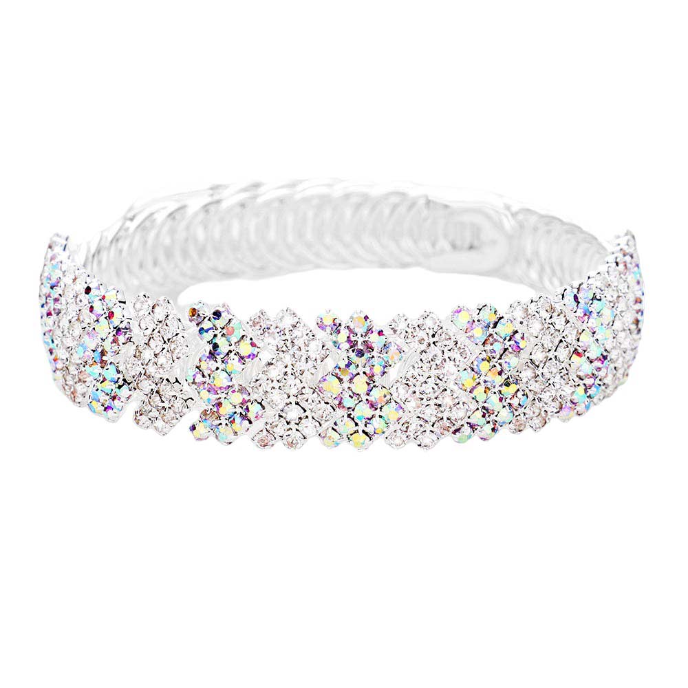 AB Silver Rhinestone Pave Adjustable Evening Bracelet, this chick bracelet features a classic design with sparkling rhinestone pave, perfect for formal occasions. The adjustable band allows for the perfect fit and can be easily adjusted for a comfortable wear. An elegant addition to any formal wardrobe.