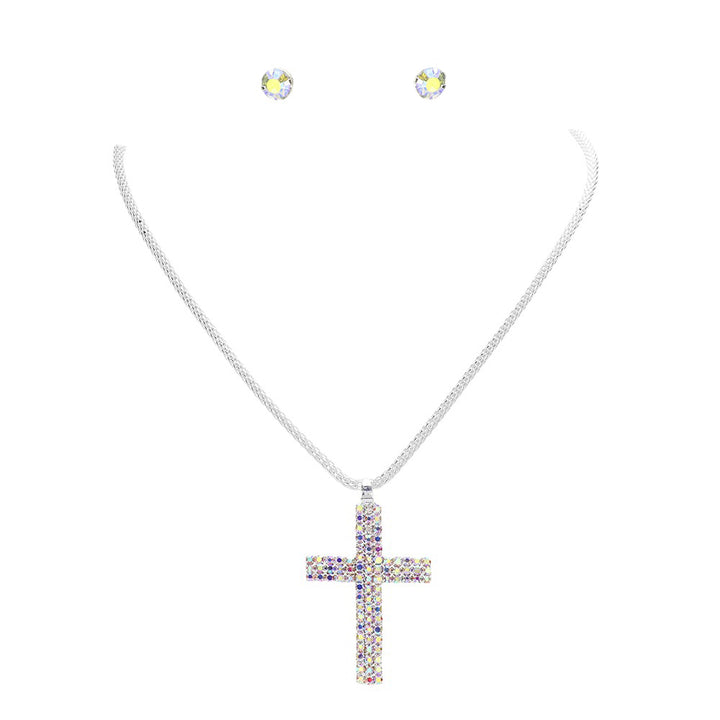 AB Silver Rhinestone Paved Cross Pendant Jewelry Set is exquisitely crafted from premium-grade metal alloy for a lasting shine. Its intricate design is adorned with shimmering rhinestones for an elegant look. The set includes a matching necklace and earrings. Perfect gift for religious friends and family members.