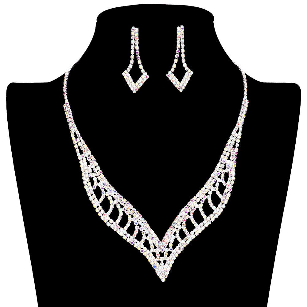 AB Silver Rhinestone Paved V Shaped Jewelry Set, is a perfect accessory to stand out from the crowd. Its unique V-shaped design is paved with high-quality rhinestones, providing a unique and eye-catching sparkle. Crafted from quality metals and rhinestones. Perfect for any special occasion or making a timeless lovely gift.