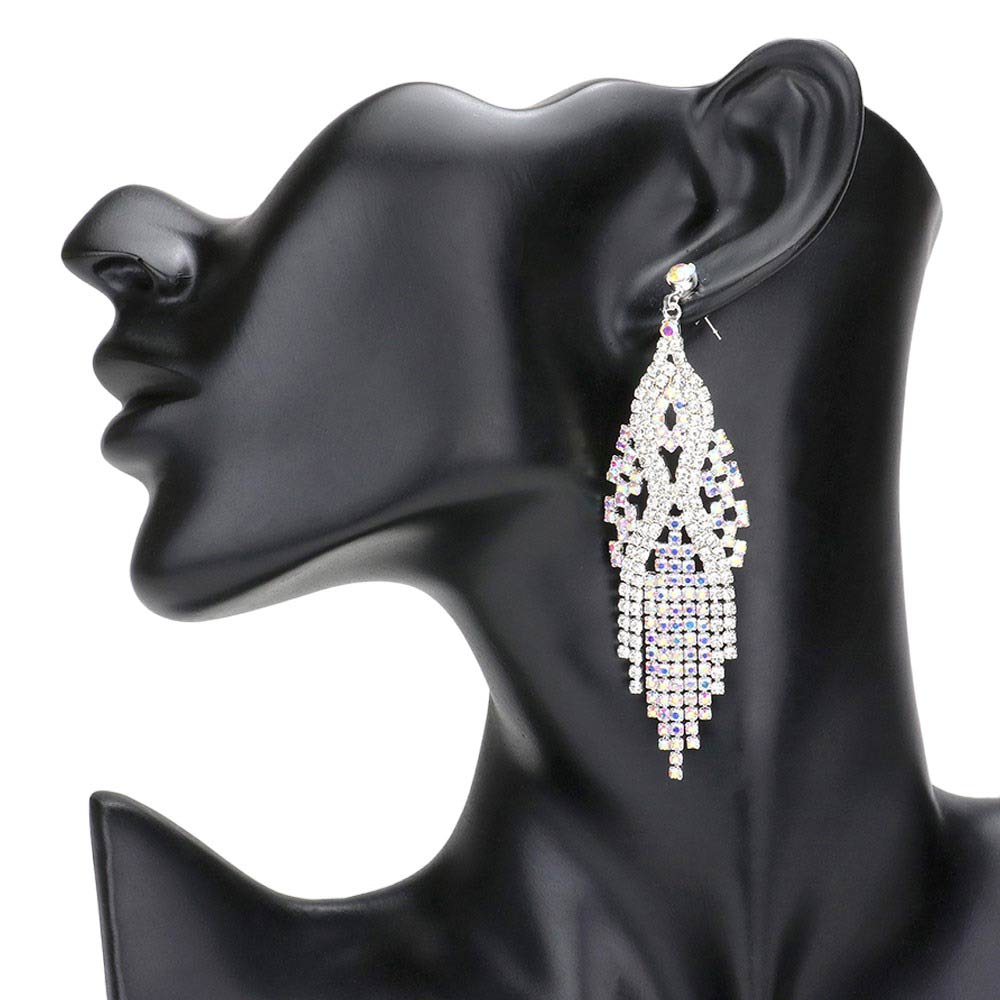  AB Silver Stone Pave Fringe Evening Earrings, feature sleek, chic design for a timeless and sophisticated look. Adorned with beautiful stones, these earrings will add a touch of sparkle and glamour to any ensemble. Perfect for special occasions or everyday wear or making exquisite gift.