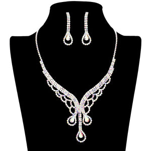 AB Silver Teardrop Stone Accented Rhinestone Jewelry Set, This chic set adds a touch of glamour to any outfit. Crafted with shimmering rhinestones and a teardrop center stone, this set is perfect for any occasion. With its timeless design, the jewelry set is sure to make a statement at any special occasion.