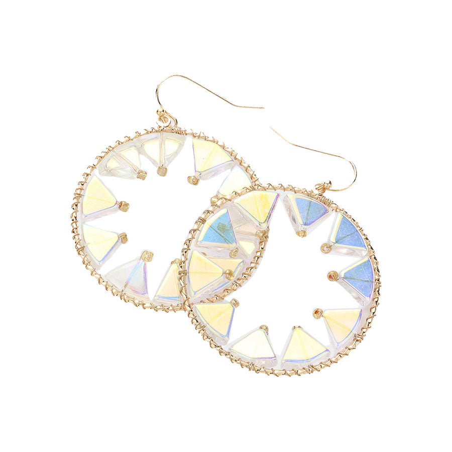 AB-Triangle Beads Embellished Open Circle Dangle Earrings, Perfect statement piece for any outfit. Made with high-quality materials and intricate design, they offer a unique and elegant touch to your look. The open circle dangle adds movement and style, while the triangle beads bring a touch of glamour.