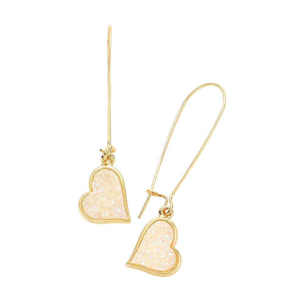 AB White Druzy Heart Dangle Earrings, Enhance your look with these stunning earrings. The unique druzy hearts add a touch of elegance and sparkle to any outfit. Crafted with high-quality materials, these earrings are perfect for any occasion. Elevate your style and make a statement with these must-have earrings.