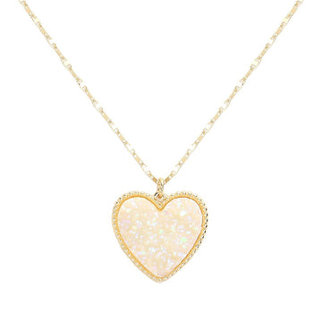 AB White Druzy Heart Pendant Necklace, this is a stunning accessory that adds a touch of sparkle to any outfit. The druzy heart pendant is beautifully crafted and catches the light for a mesmerizing effect. With its unique design and high-quality materials, this necklace is sure to make a statement and elevate your look.