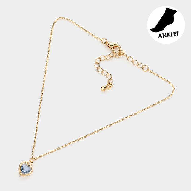 Heart Stone Charm Pointed Anklet - Blue Gold