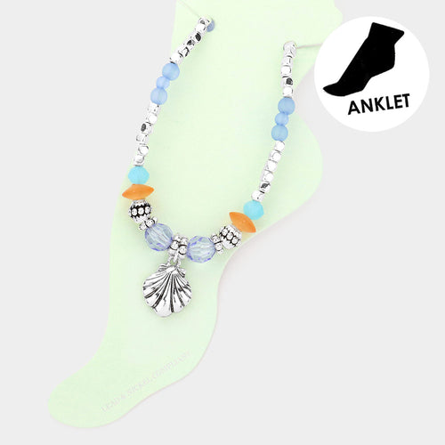Tobillera antigua de metal con cuentas y dije de concha - Plata antigua, multi
