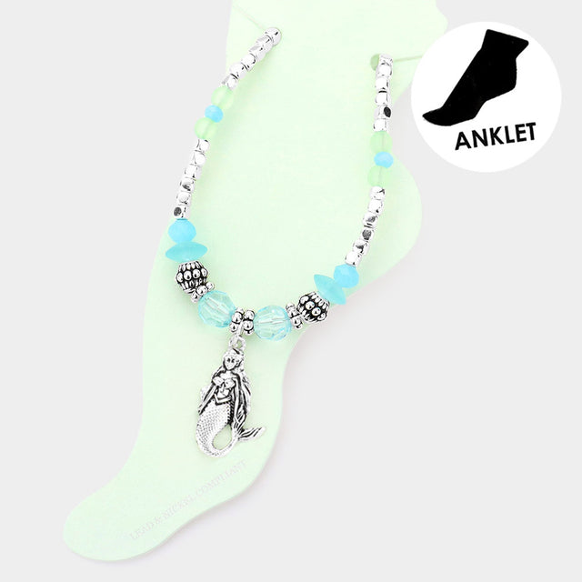 Antique Silver, Blue Antique Metal Mermaid Charm Beaded Anklet