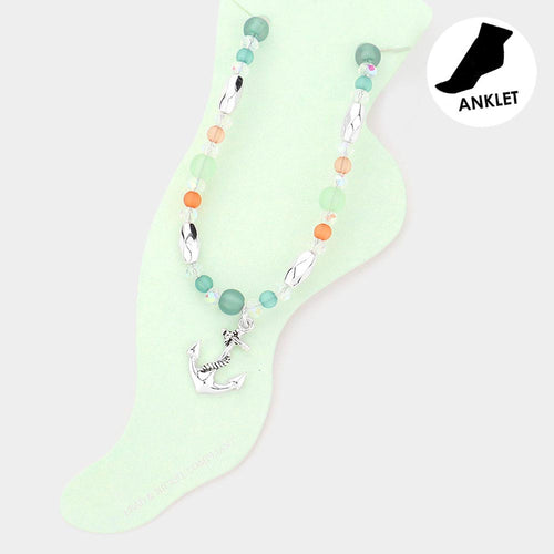 Antique Metal Anchor Charm Beaded Anklet - Multi