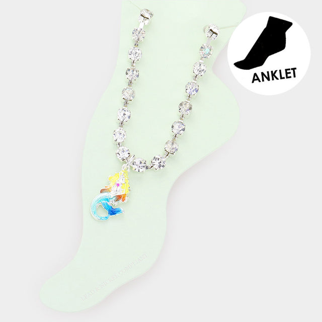 Clear Enamel Mermaid Charm Round Stone Anklet
