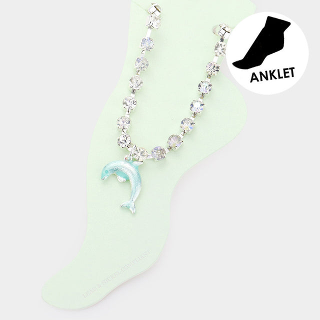 Clear Enamel Dolphin Charm Round Stone Anklet