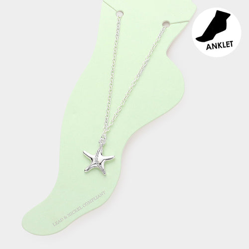 Rhinestone Embellished Metal Starfish Charm Anklet - Silver