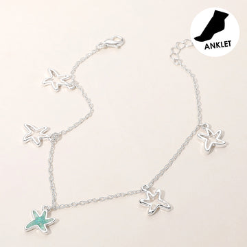 Madeline Love Silver, Turquoise Sea Glass Starfish Open Metal Starfish Charm Station Anklet - Anklets