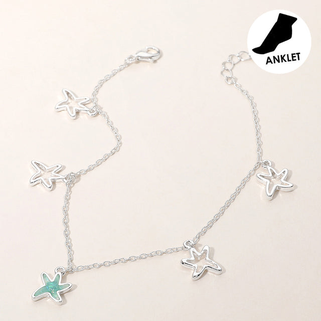 Madeline Love Silver, Turquoise Sea Glass Starfish Open Metal Starfish Charm Station Anklet - Anklets