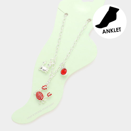 Tobillera con dije de cangrejo adornada con diamantes de imitación - Plata