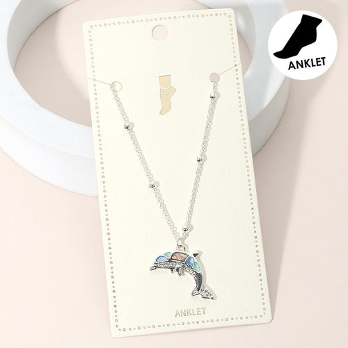 Abalone Dolphin Charm Anklet - Multi, Silver