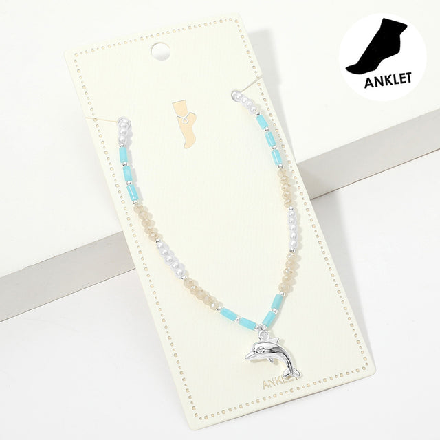 Blue, Silver Metal Dolphin Charm Pearl Faceted Beaded Anklet