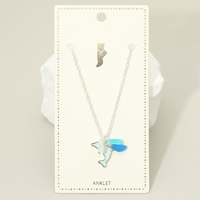 Madeline Love Blue, Silver Sea Glass Dolphin Charm Anklet - Anklets