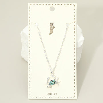 Madeline Love Silver, Turquoise Crushed Pebble Crab Charm Anklet - Anklets