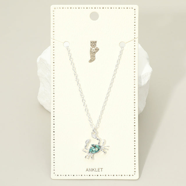 Madeline Love Silver, Turquoise Crushed Pebble Crab Charm Anklet - Anklets