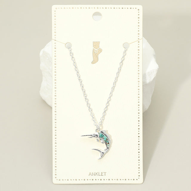 Madeline Love Silver, Turquoise Crushed Pebble Swordfish Charm Anklet - Anklets