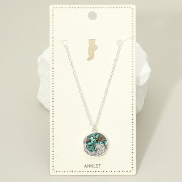 Madeline Love Silver, Turquoise Crushed Pebble Swirl Wave Round Charm Anklet - Anklets