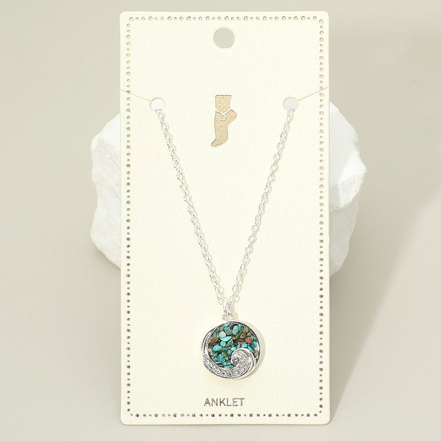 Madeline Love Silver, Turquoise Crushed Pebble Swirl Wave Round Charm Anklet - Anklets