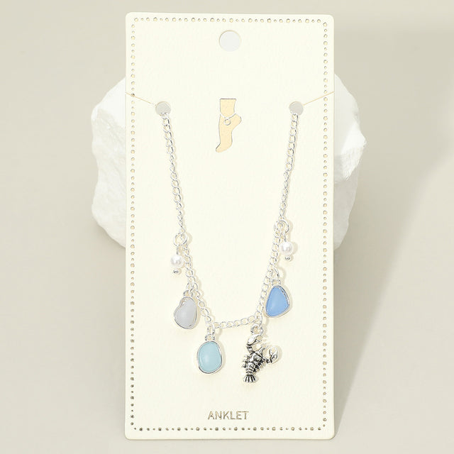 Madeline Love Antique Silver, Blue Lobster Sea Glass Pearl Charm Station Anklet - Jewelry