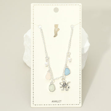 Madeline Love Antique Silver, Mint Octopus Sea Glass Pearl Charm Station Anklet - Anklets