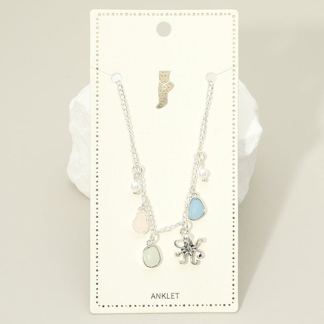 Madeline Love Antique Silver, Mint Octopus Sea Glass Pearl Charm Station Anklet - Anklets
