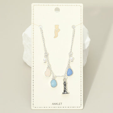 Madeline Love Antique Silver, Blue Lighthouse Sea Glass Pearl Charm Station Anklet - Anklets