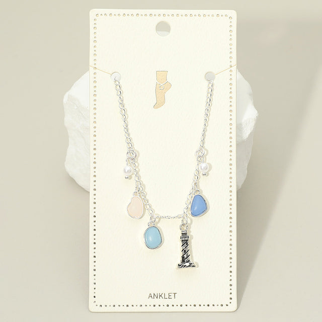 Madeline Love Antique Silver, Blue Lighthouse Sea Glass Pearl Charm Station Anklet - Anklets