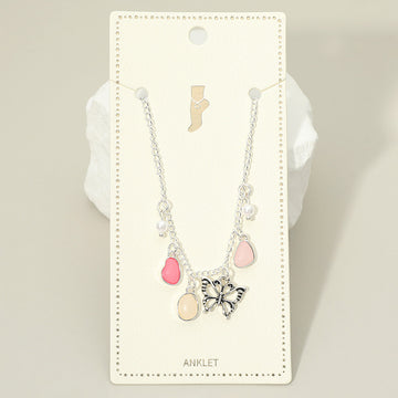 Madeline Love Antique Silver, Pink Butterfly Sea Glass Pearl Charm Station Anklet - Anklets