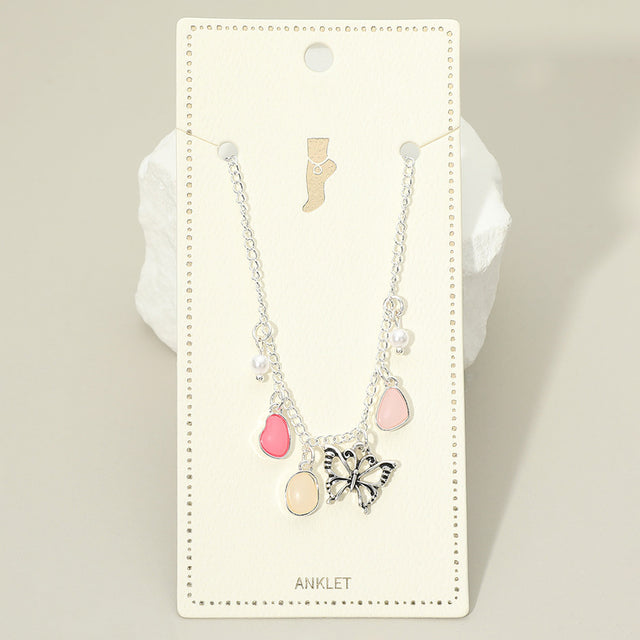Madeline Love Antique Silver, Pink Butterfly Sea Glass Pearl Charm Station Anklet - Anklets