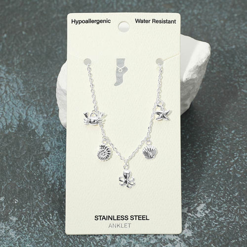Stainless Steel Octopus Crab Starfish Shell Charm Station Anklet - Silver