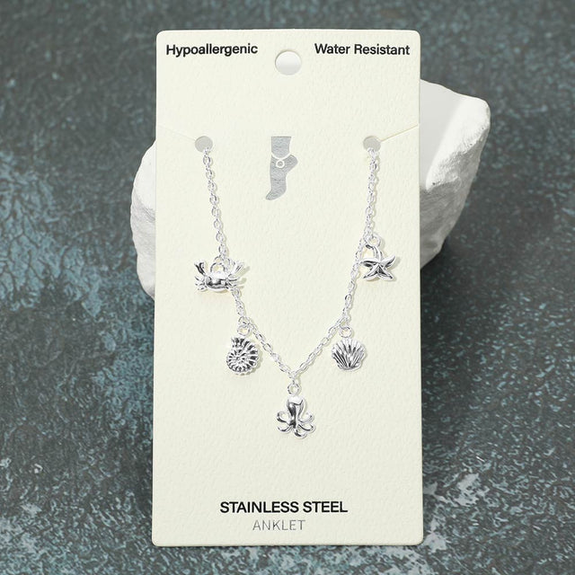 Madeline Love Silver Stainless Steel Octopus Crab Starfish Shell Charm Station Anklet - Jewelry