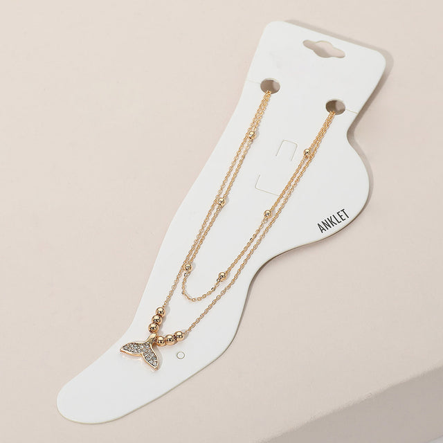Gold 2PCS - Stone Paved Whale Tail Pointed Metal Ball Station Chain Anklets