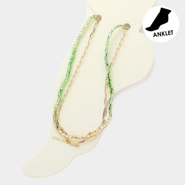 Madeline Love Gold, Mint Paperclip Chain Square Tube Beaded Layered Anklet - Anklets