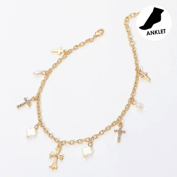 Madeline Love Cream, Gold Cross Pearl Quatrefoil Charm Station Anklet - Anklets