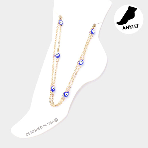 Evil Eye Station Double Layered Anklet - Blue, Gold
