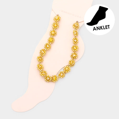 Flower Faceted Beaded Anklet - Mustard